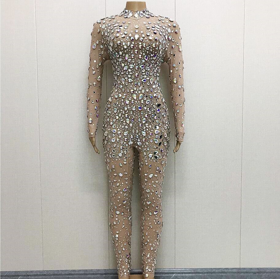 Sparkly AB Crystals Stones Jumpsuit 섹시한 메쉬 라인 스톤을 통해 보임 Bodysuit Rompers Stage Birthday Dance Wear Evening Outfit